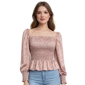 Lush Peplum Small Mauve Polka Dot Smocked Satin Puff Sleeve Blouse Coquette